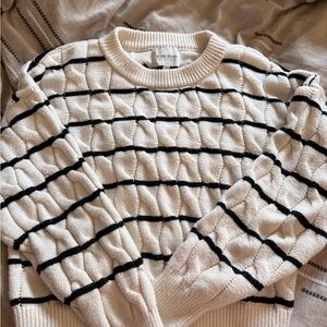 Pink Rose Cable Knit Black and White Sweater